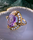Antique 10K, Diamond, Amethyst, Seed Pearl & Enamel Ring