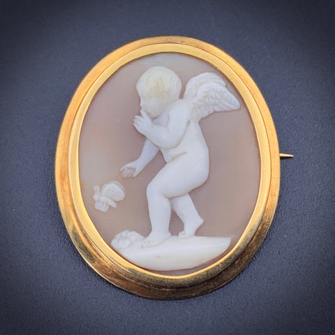 Antique 8K & Carved Shell Cameo Cupid & Psyche Brooch