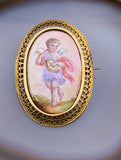 Antique French 18K, Hand Painted Enamel & Mother of Pearl Brooch