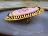 Antique French 18K, Hand Painted Enamel & Mother of Pearl Brooch