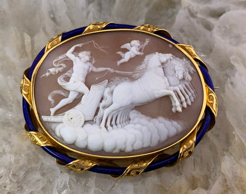 Antique English 18K, Enamel & Apollo Cameo Brooch W/Original Box