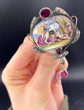 Antique Silver, Diamond, Garnet & Hand Painted Porcelain Brooch