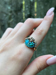 Antique Early Edwardian 9K, Turquoise & Seed Pearl Double Flower Ring