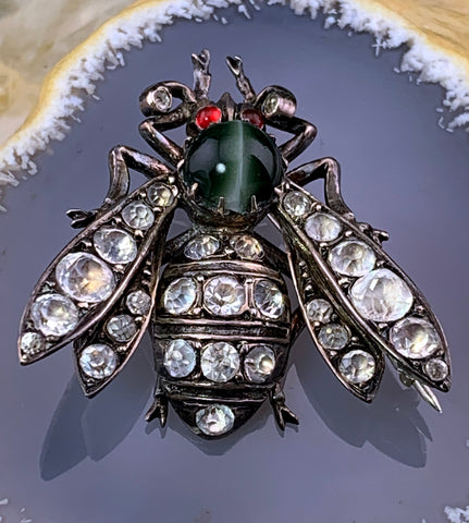 Antique Silver, Chrysoprase & Paste Insect Brooch