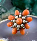 Antique 9K, Coral & Pearl Starburst Ring