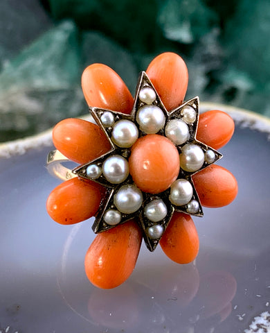 Antique 9K, Coral & Pearl Starburst Ring
