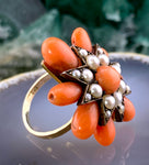 Antique 9K, Coral & Pearl Starburst Ring