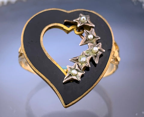 Antique 14K, Seed Pearl & Enamel Witch's Heart Conversion Ring