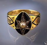Antique English 18K, Diamond, Pearl & Enamel Celestial Mourning Ring