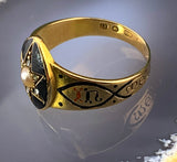 Antique English 18K, Diamond, Pearl & Enamel Celestial Mourning Ring