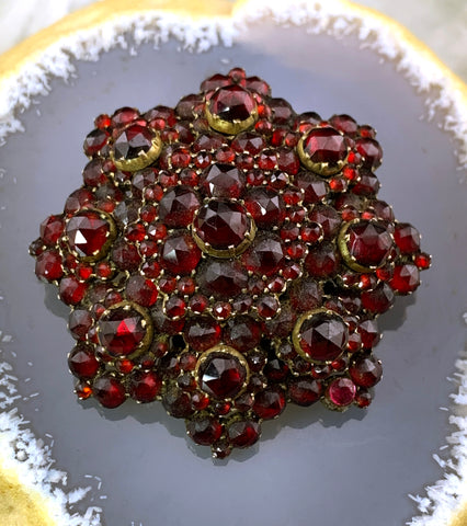 Antique 10K Garnet Gold & Bohemian Garnet Rosetta Brooch