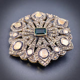 Antique Silver, Gilt, Polki Diamond & Emerald Brooch