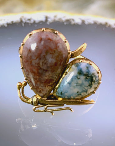 Estate 14K, Moss Agate & Amethyst Butterfly Ring