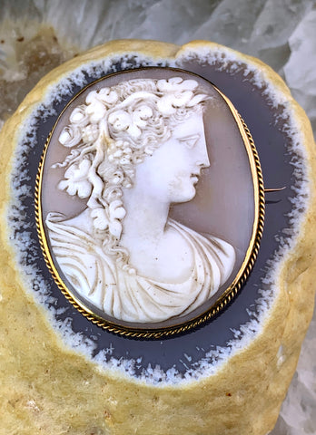 Antique 15K Carved Cameo Bacchante Brooch