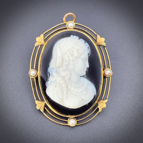 Antique 14K, Onyx & Seed Pearl Cameo Brooch/Pendant