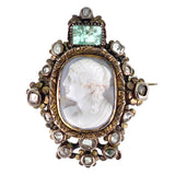 Antique 18K, Diamond, Emerald & Carved Hardstone Cameo Brooch