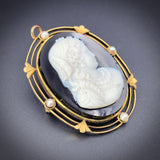 Antique 14K, Onyx & Seed Pearl Cameo Brooch/Pendant