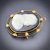 Antique 14K, Onyx & Seed Pearl Cameo Brooch/Pendant