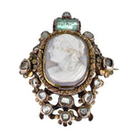 Antique 18K, Diamond, Emerald & Carved Hardstone Cameo Brooch