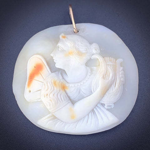 Antique 14K & Carved Shell Psyche Cameo Pendant