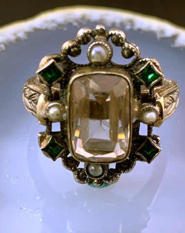Antique 18K, 14K, Citrine, Seed Pearl & Paste Conversion Ring