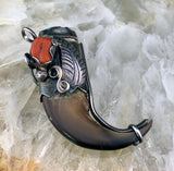 Vintage Sterling Silver, Turquoise & Coral Tiger Claw Pendant