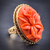 Estate 14K & Carved Coral Cameo Daffodil Ring