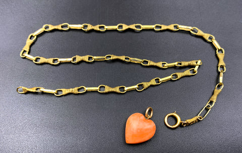 Vintage 9K Gold Etruscan Revival Chain with Coral Heart Charm