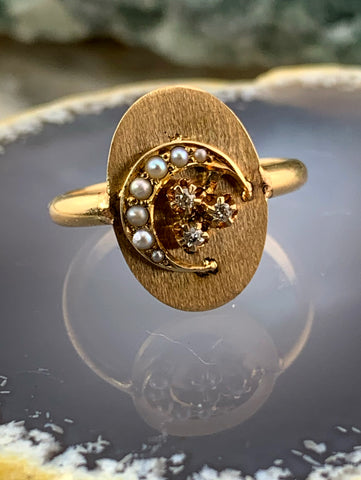 Antique 14K, Diamond & Seed Pearl Crescent Conversion Ring