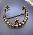 Antique 15K, Ruby & Seed Pearl Crescent Brooch