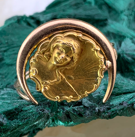 Antique Art Nouveau 14K Gold Lady in Crescent Conversion Ring