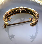 Antique 15K, Ruby & Seed Pearl Crescent Brooch