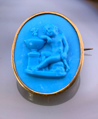 Antique 18K Pate de Verre Cupid & Psyche Brooch