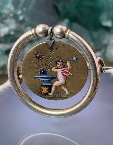 Antique Hand Painted Cupid Brooch In Vermeil