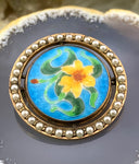 Antique 12K, Cloisonné & Guilloche Enamel & Seed Pearl Floral Brooch