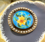 Antique 12K, Cloisonné & Guilloche Enamel & Seed Pearl Floral Brooch