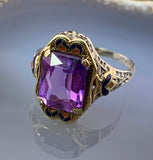 Art Deco 14K, Amethyst & Enamel Ring