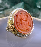 Antique Art Deco 14K, Carved Carnelian & Seed Pearl Ring