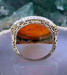 Antique Art Deco 14K, Carved Carnelian & Seed Pearl Ring