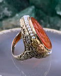 Antique Art Deco 14K, Carved Carnelian & Seed Pearl Ring