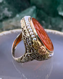 Antique Art Deco 14K, Carved Carnelian & Seed Pearl Ring