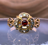 Antique 9K, Diamond & Garnet Quatrefoil Ring