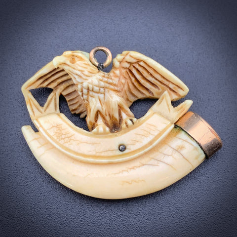 Antique 9K & Carved Eagle & Horn Fob/Pendant