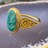 Ancient 18K & Turquoise Intaglio Ring on Etruscan Revival Shank