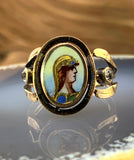 Antique Archeological Revival 10K, Diamond & Hand Painted Enamel Athena Ring