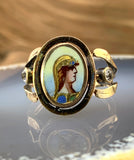 Antique Archeological Revival 10K, Diamond & Hand Painted Enamel Athena Ring