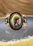 Antique Archeological Revival 10K, Diamond & Hand Painted Enamel Athena Ring