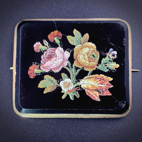 Antique Italian 14K Floral Micro Mosaic Brooch