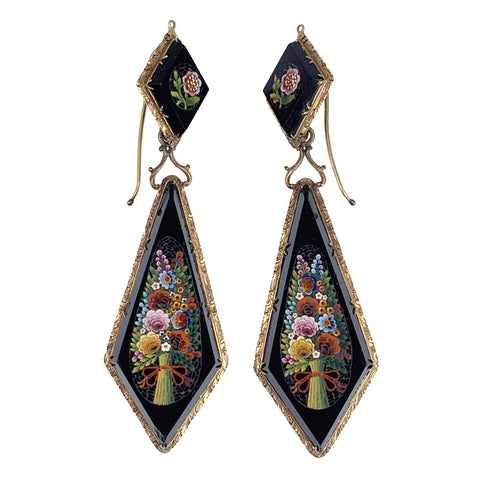 Antique Italian 14K & Micro-Mosaic Floral Day & Night Earrings