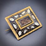 Antique Enamel & Plaited Hair Mourning Brooch In Gold Over Silver